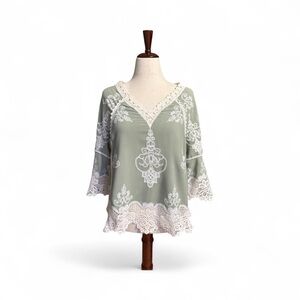 Democracy Sage Green Blouse with White Lace - Size L